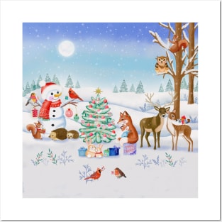 Forest animals celebrate Christmas Posters and Art
